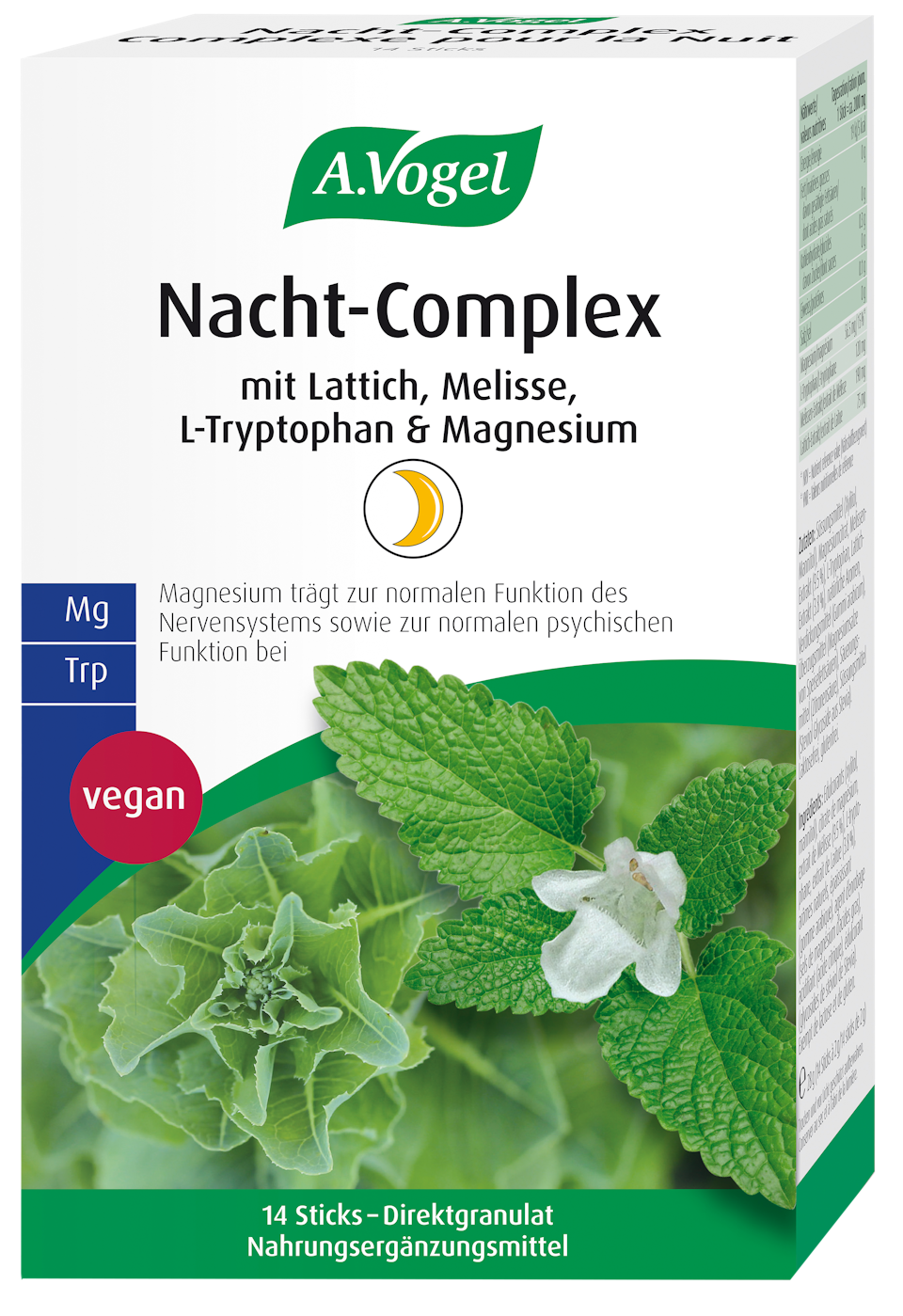 Produktaufnahme von "A.Vogel Nacht-Complex, 14 Sticks". Direktgranulat mit Lattich, Melisse, L-Tryptophan und Magnesium. Klinisch getestet – trägt zur normalen Funktion des Nervensystems und der Psyche bei.
