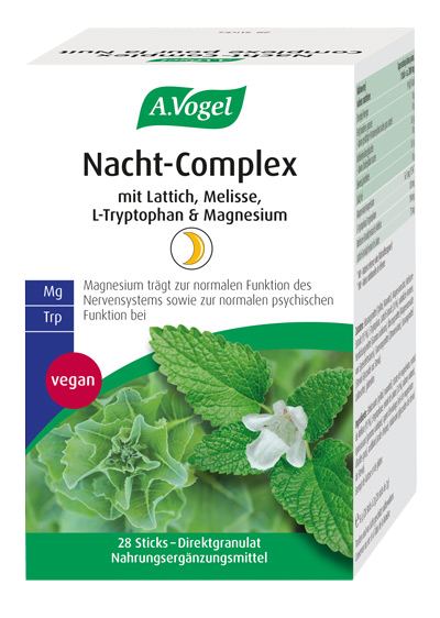 A.Vogel Nacht-Complex, 28 Sticks Produktaufnahme von "A.Vogel Nacht-Complex, 28 Sticks". Direktgranulat mit Lattich, Melisse, L-Tryptophan und Magnesium. Klinisch getestet – trägt zur normalen Funktion des Nervensystems und der Psyche bei.