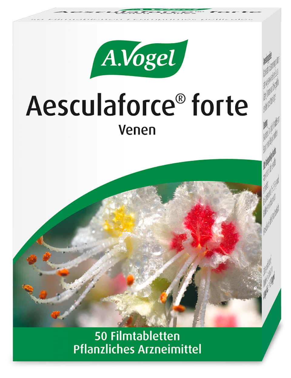 Produktaufnahme von "A.Vogel Aesculaforce® forte Venen, 50 Filmtabletten". Filmtabletten aus frischen Rosskastaniensamen bei Venenbeschwerden und Krampfadern. Mit 50 mg Aescin pro Tablette – verbessert die Spannkraft der Venenwände.
