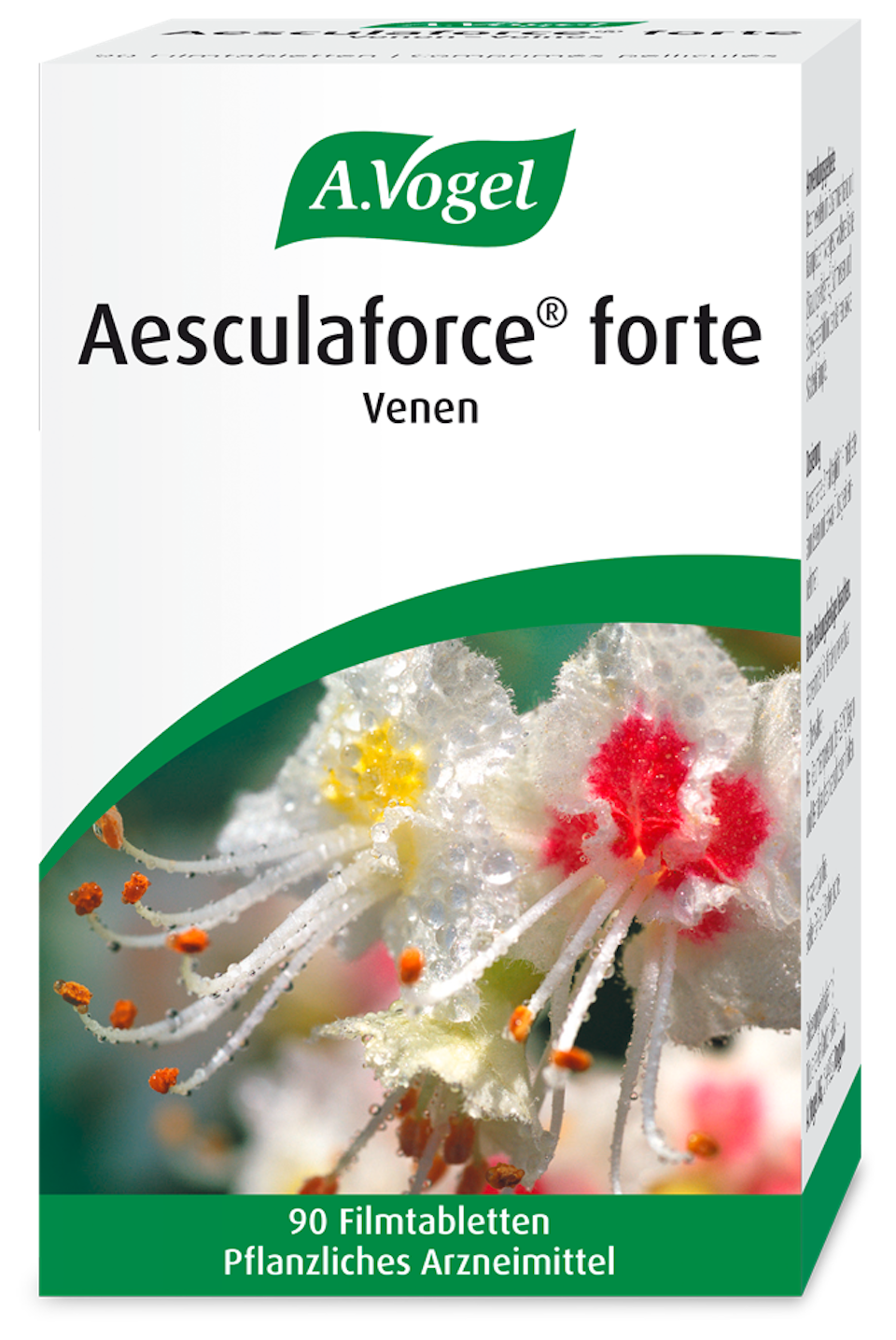Produktaufnahme von "A.Vogel Aesculaforce® forte Venen, 50 Filmtabletten". Filmtabletten aus frischen Rosskastaniensamen bei Venenbeschwerden und Krampfadern. Mit 50 mg Aescin pro Tablette – verbessert die Spannkraft der Venenwände.