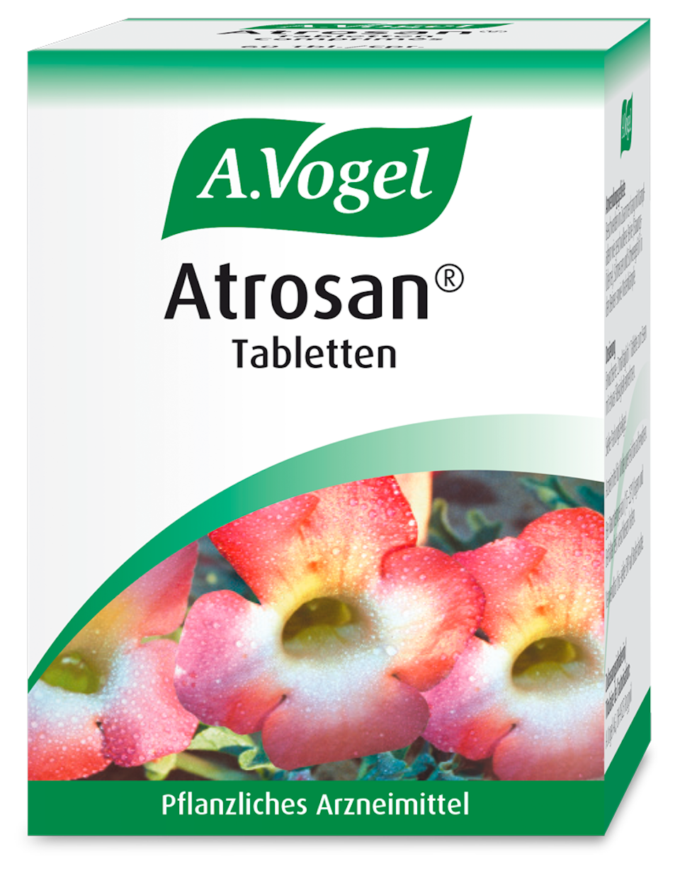 Produktaufnahme von "A.Vogel Atrosan®". Pflanzliches Arzneimittel aus südafrikanischer Teufelskrallenwurzel. Zur unterstützenden Behandlung von Schmerzen bei Arthrose und Verschleisserkrankungen.