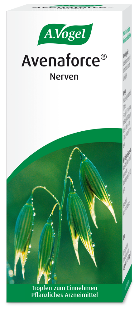 A.Vogel Avenaforce® Nerven Produktaufnahme von "A.Vogel Avenaforce® Nerven". Pflanzliches Arzneimittel aus den frischen oberirdischen Teilen des Hafers. Zur Beruhigung der Nerven bei Nervosität und bei Einschlafschwierigkeiten.