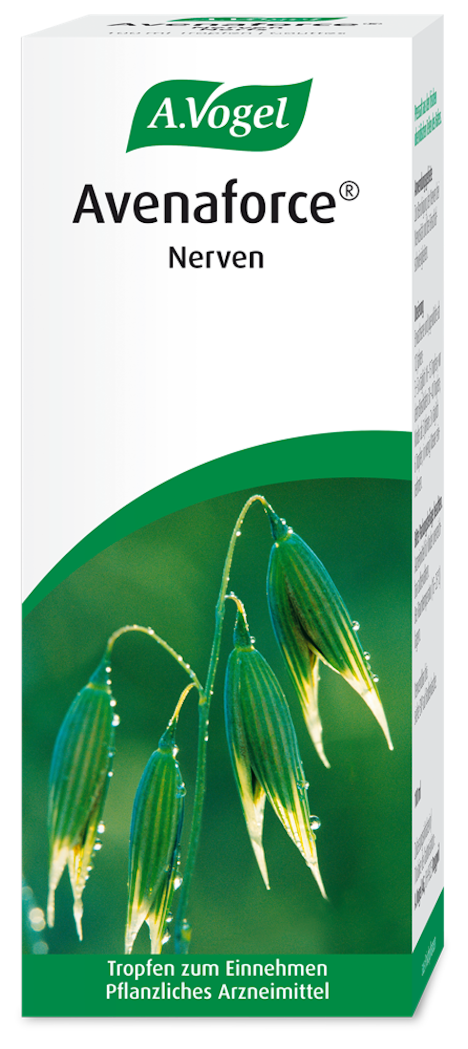 Produktaufnahme von "A.Vogel Avenaforce® Nerven". Pflanzliches Arzneimittel aus den frischen oberirdischen Teilen des Hafers. Zur Beruhigung der Nerven bei Nervosität und bei Einschlafschwierigkeiten.