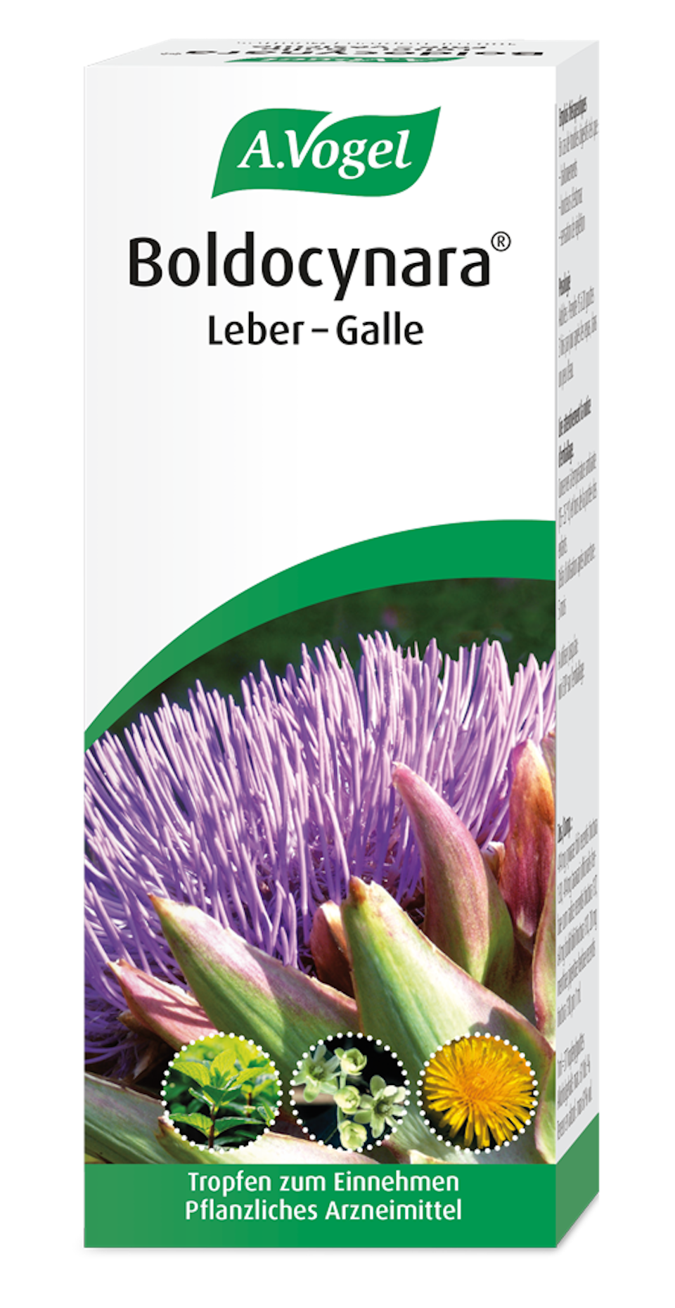 Produktaufnahme von "A.Vogel Boldocynara® Leber-Galle". Pflanzliches Arzneimittel aus Artischockenblättern, Löwenzahnwurzeln, Boldoblättern und Pfefferminze. Zur Anregung der Gallenproduktion.
