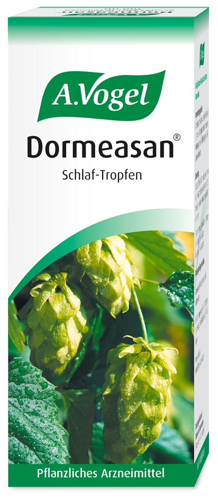 A.Vogel Dormeasan®, 50 ml Produktaufnahme von "A.Vogel Dormeasan®". Pflanzliches Arzneimittel aus frischen Hopfenzapfen und Baldrianwurzel. Zur Behandlung von Ein- und Durchschlafstörungen mit beruhigender Wirkung.