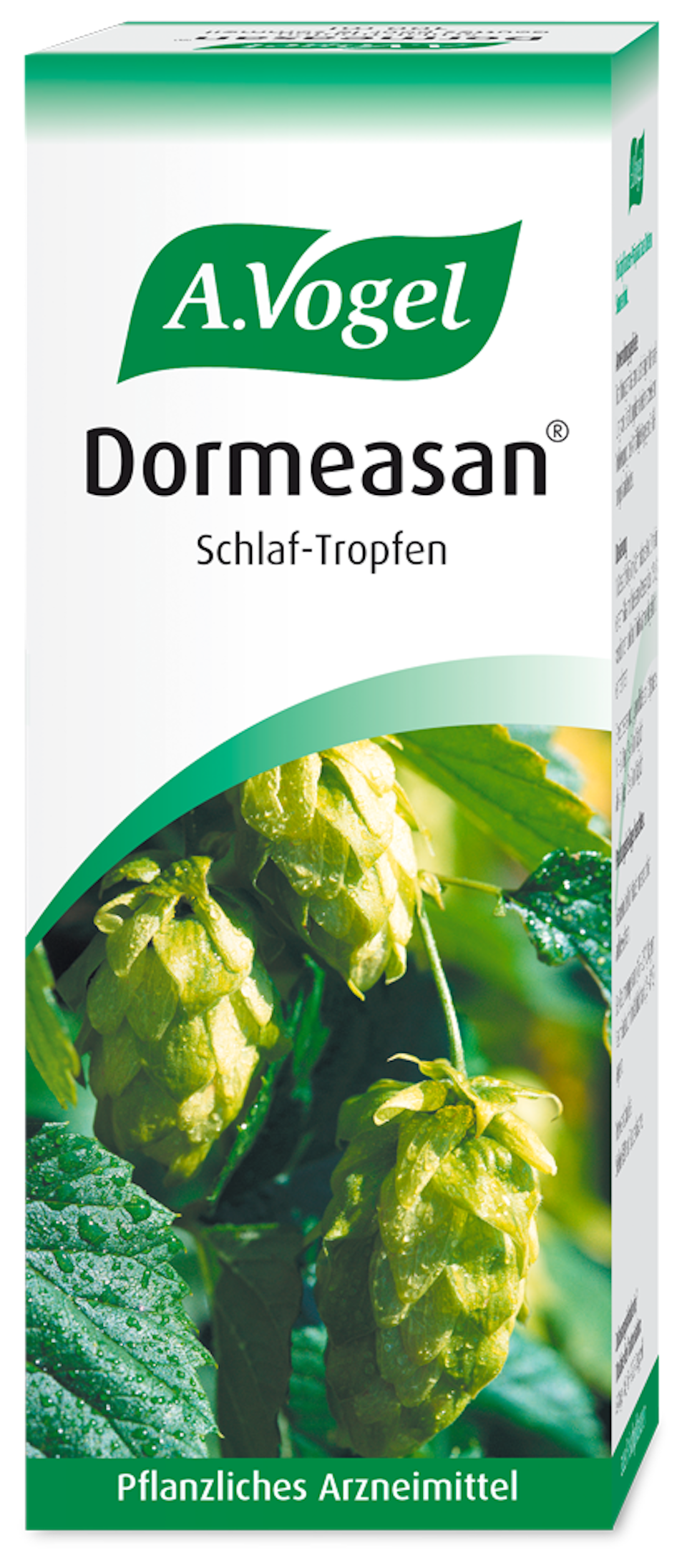 Produktaufnahme von "A.Vogel Dormeasan®". Pflanzliches Arzneimittel aus frischen Hopfenzapfen und Baldrianwurzel. Zur Behandlung von Ein- und Durchschlafstörungen mit beruhigender Wirkung.