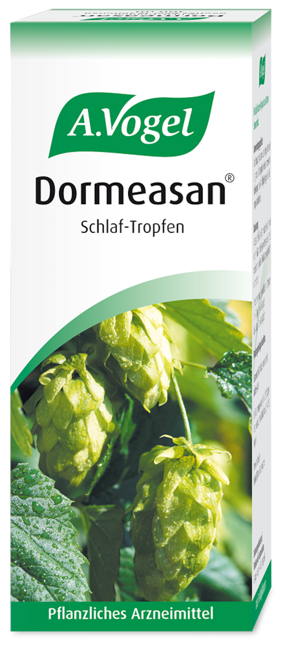 Produktaufnahme von "A.Vogel Dormeasan®". Pflanzliches Arzneimittel aus frischen Hopfenzapfen und Baldrianwurzel. Zur Behandlung von Ein- und Durchschlafstörungen mit beruhigender Wirkung.