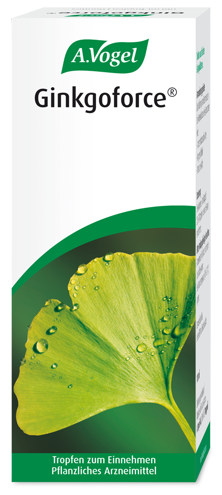 A.Vogel Ginkgoforce® Tropfen, 100 ml Produktaufnahme von "A.Vogel Ginkgoforce® Tropfen". Pflanzliches Arzneimittel aus frischen Ginkgo-biloba-Blättern. Kann bei Vergesslichkeit und Konzentrationsmangel infolge Arteriosklerose angewendet werden.