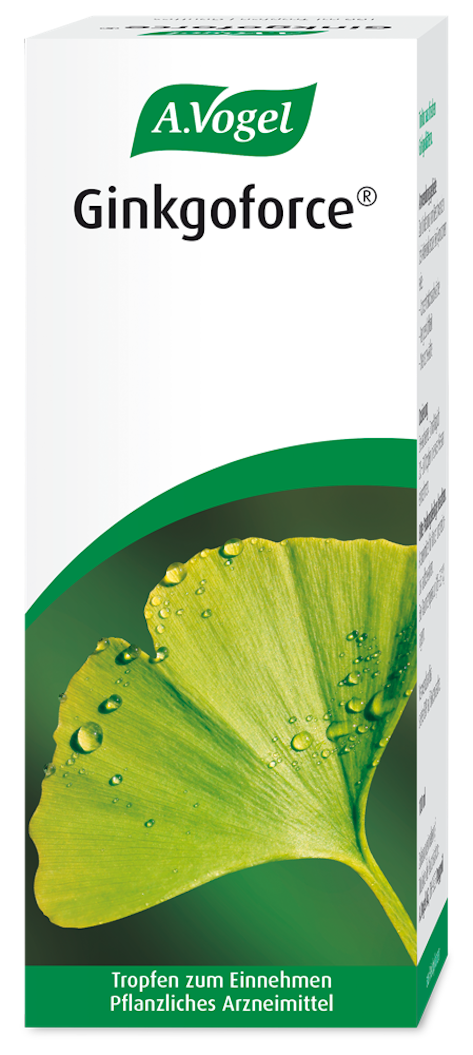 Produktaufnahme von "A.Vogel Ginkgoforce® Tropfen". Pflanzliches Arzneimittel aus frischen Ginkgo-biloba-Blättern. Kann bei Vergesslichkeit und Konzentrationsmangel infolge Arteriosklerose angewendet werden.