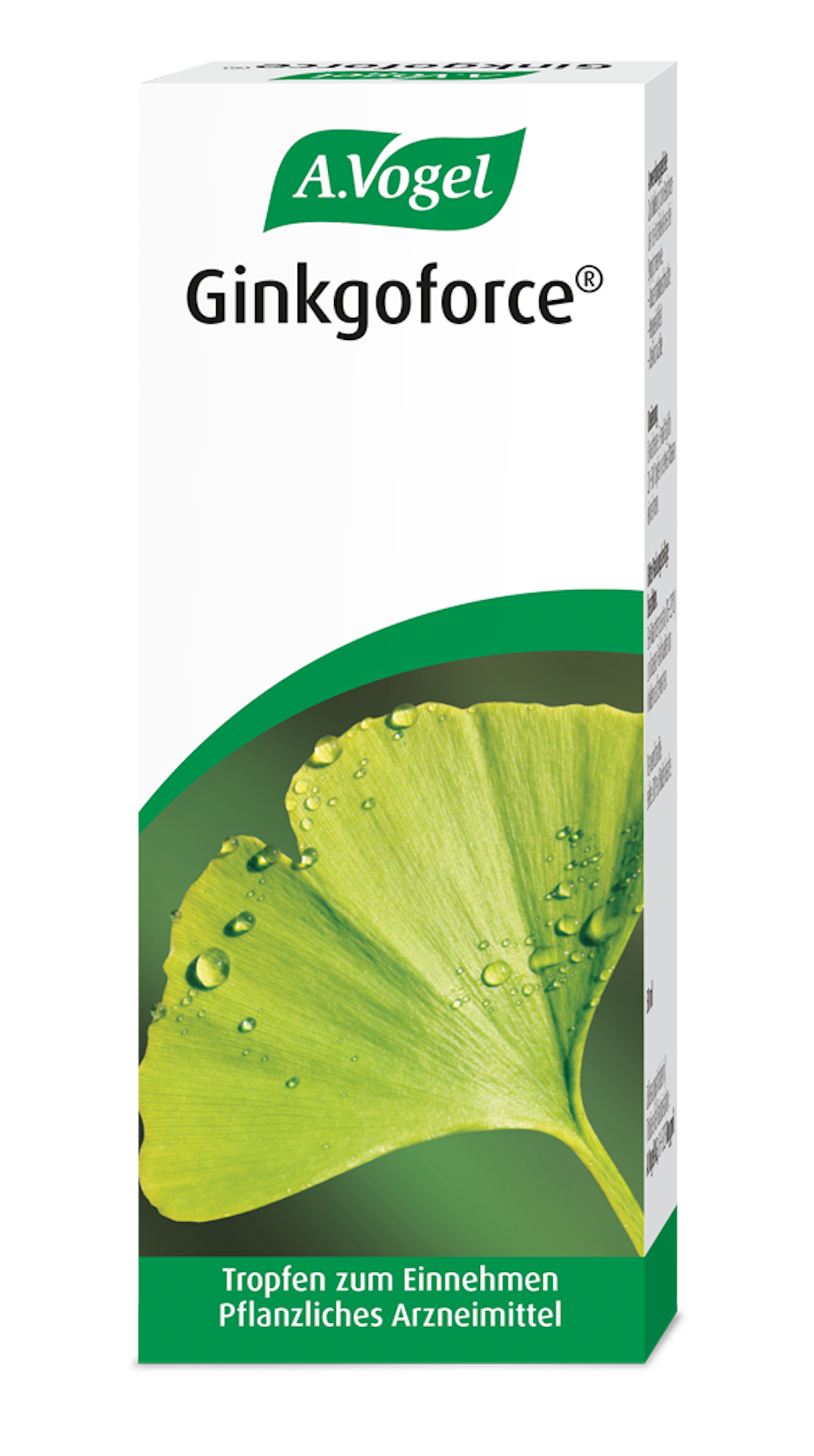 Produktaufnahme von "A.Vogel Ginkgoforce® Tropfen". Pflanzliches Arzneimittel aus frischen Ginkgo-biloba-Blättern. Kann bei Vergesslichkeit und Konzentrationsmangel infolge Arteriosklerose angewendet werden.