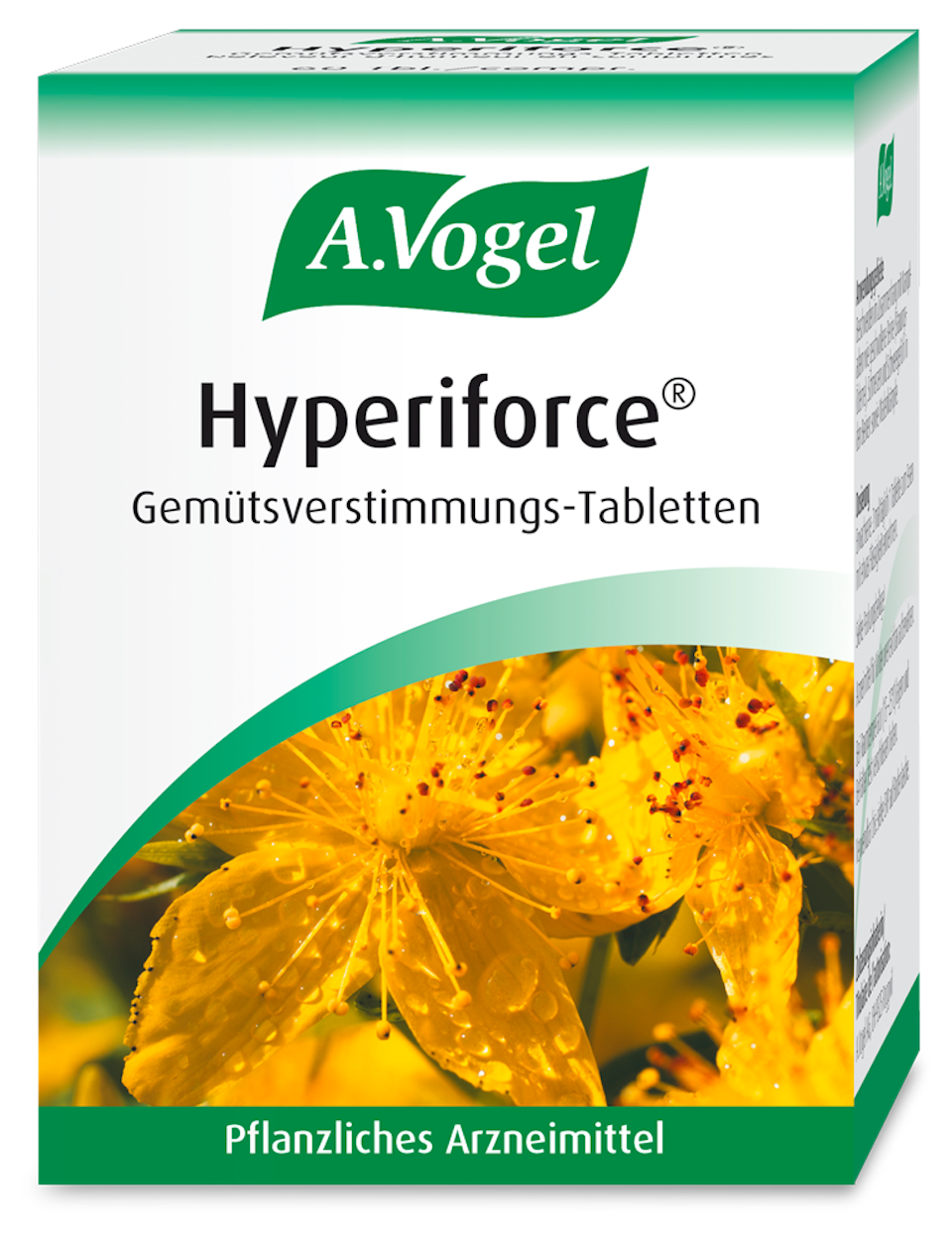 Produktaufnahme von "A.Vogel Hyperiforce®". Pflanzliches Arzneimittel aus frischem Johanniskraut. Kann bei gedrückter Stimmung, Antriebsmangel und Stimmungslabilität angewendet werden.