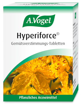 Produktaufnahme von "A.Vogel Hyperiforce®". Pflanzliches Arzneimittel aus frischem Johanniskraut. Kann bei gedrückter Stimmung, Antriebsmangel und Stimmungslabilität angewendet werden.