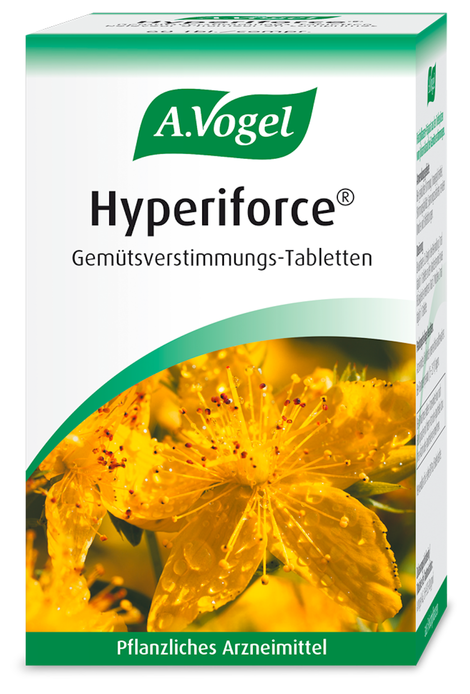 Produktaufnahme von "A.Vogel Hyperiforce®". Pflanzliches Arzneimittel aus frischem Johanniskraut. Kann bei gedrückter Stimmung, Antriebsmangel und Stimmungslabilität angewendet werden.