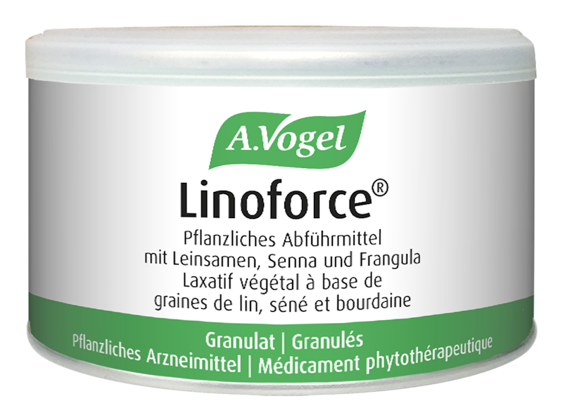 Produktaufnahme von "A.Vogel Linoforce®". Pflanzliches Arzneimittel mit Leinsamen, Sennesblättern und Faulbaumrinde. Zur kurzzeitigen Anwendung bei gelegentlicher Verstopfung.