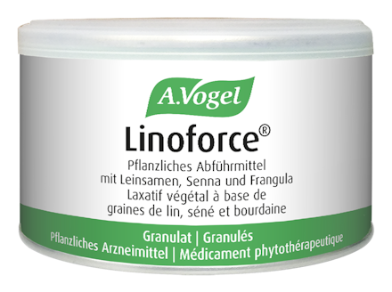 Produktaufnahme von "A.Vogel Linoforce®". Pflanzliches Arzneimittel mit Leinsamen, Sennesblättern und Faulbaumrinde. Zur kurzzeitigen Anwendung bei gelegentlicher Verstopfung.