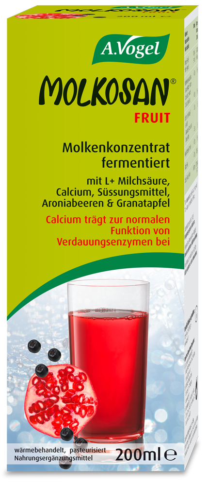 Molkosan ® FRUIT Produktaufnahme von "A.Vogel Molkosan ® FRUIT". Molkenkonzentrat mit Aroniabeeren- und Granatapfelsaft. Calcium trägt zur normalen Funktion von Verdauungsenzymen bei. Mit L+ Milchsäure.