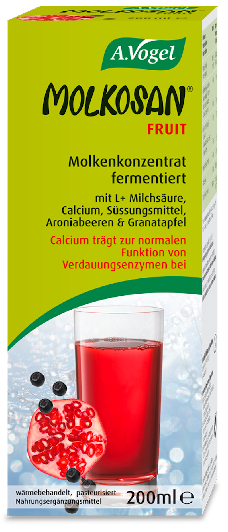 Produktaufnahme von "A.Vogel Molkosan ® FRUIT". Molkenkonzentrat mit Aroniabeeren- und Granatapfelsaft. Calcium trägt zur normalen Funktion von Verdauungsenzymen bei. Mit L+ Milchsäure.