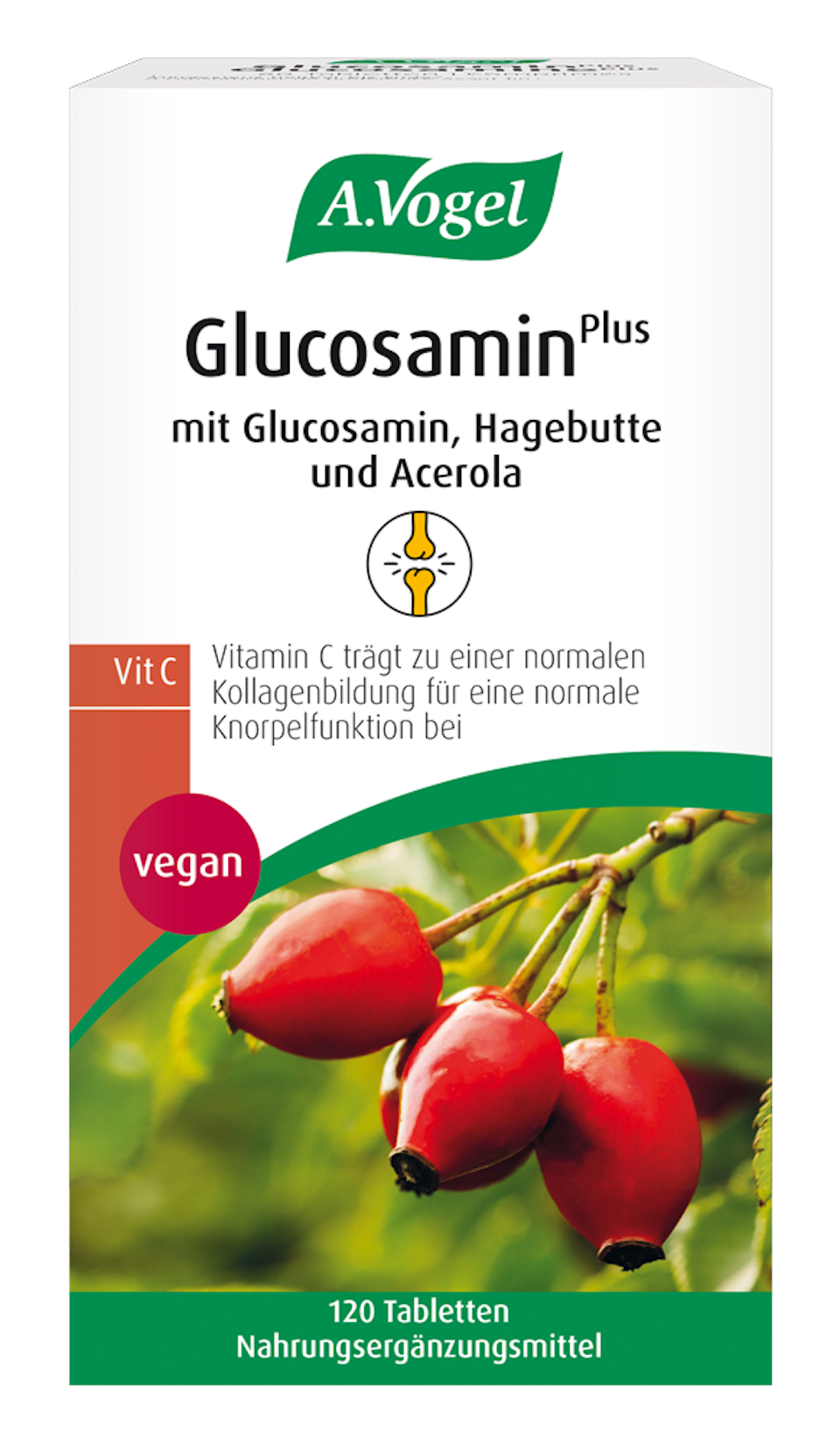 Produktaufnahme von "A.Vogel GlucosaminPlus". Vegane Glucosamin-Tabletten mit Hagebutte und Acerola für Gelenke und Knorpel. Mit Vitamin C zur Unterstützung der Kollagenbildung – nachhaltig produziert.