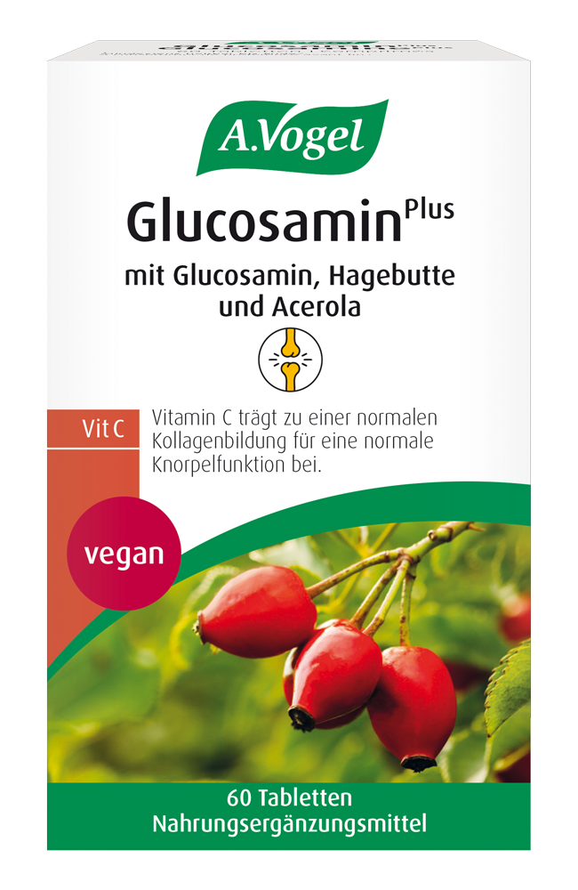 A.Vogel GlucosaminPlus, 60 Tabletten Produktaufnahme von "A.Vogel GlucosaminPlus". Vegane Glucosamin-Tabletten mit Hagebutte und Acerola für Gelenke und Knorpel. Mit Vitamin C zur Unterstützung der Kollagenbildung – nachhaltig produziert.