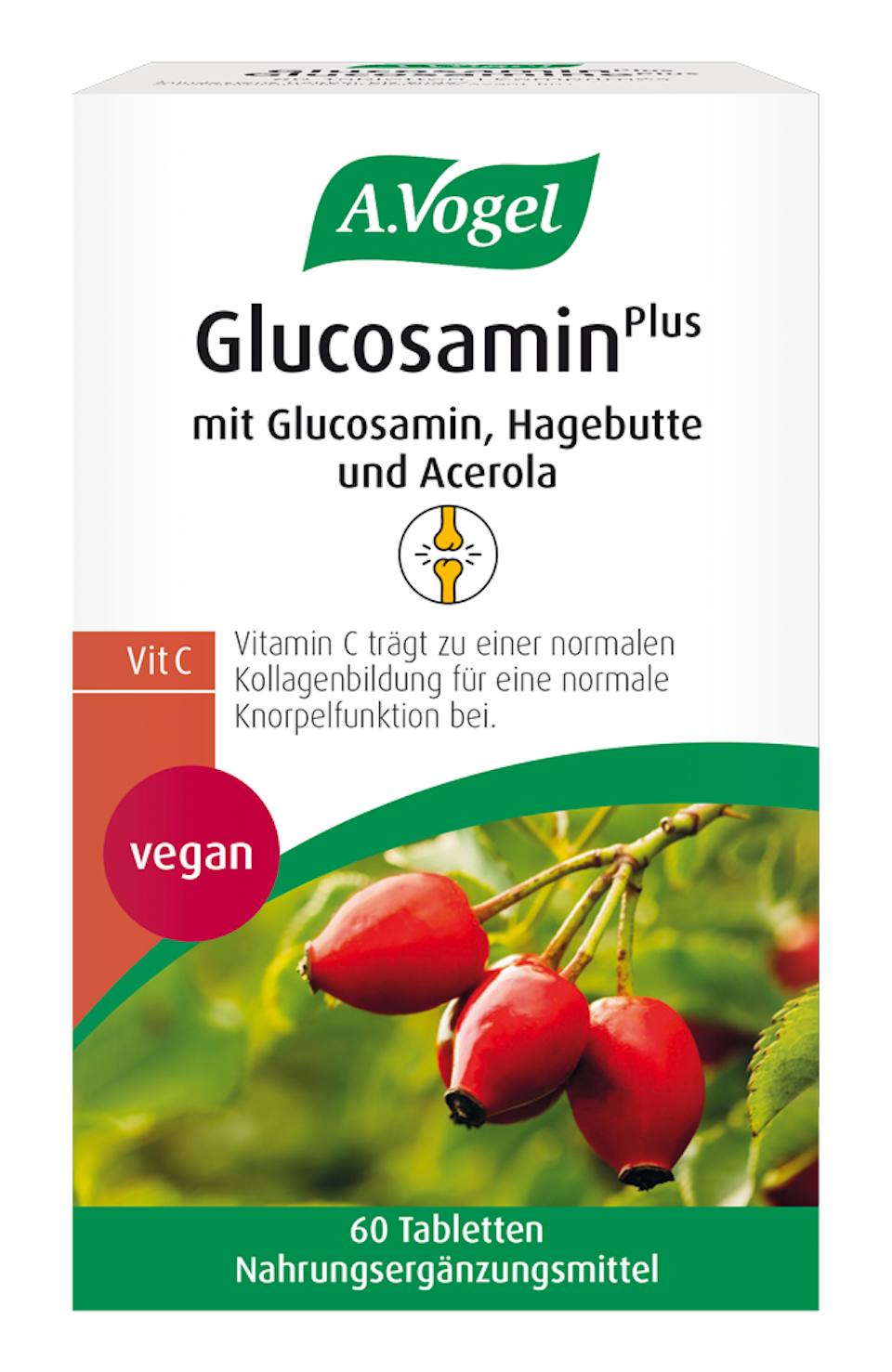 Produktaufnahme von "A.Vogel GlucosaminPlus". Vegane Glucosamin-Tabletten mit Hagebutte und Acerola für Gelenke und Knorpel. Mit Vitamin C zur Unterstützung der Kollagenbildung – nachhaltig produziert.