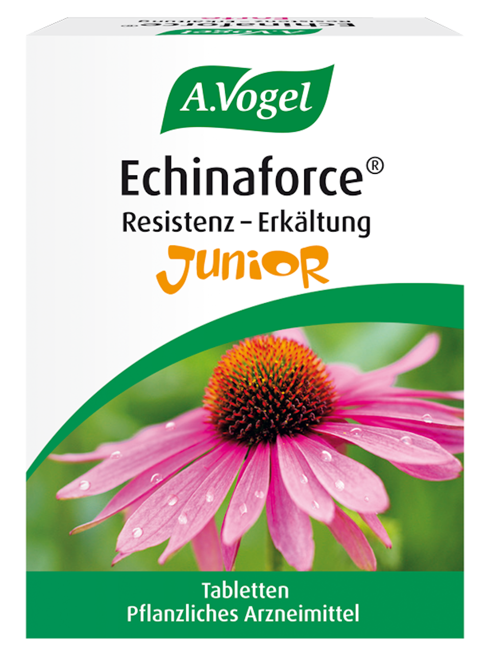 Produktaufnahme von "A.Vogel Echinaforce® Resistenz-Erkältung Junior". Pflanzliches Arzneimittel aus frischem Rotem Sonnenhut für Kinder ab 4 Jahren. Zur Steigerung der körpereigenen Abwehr bei Erkältungsanfälligkeit.