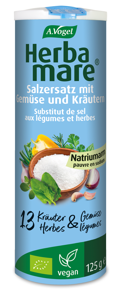 Herbamare ® Salzersatz Produktaufnahme von "Herbamare ® Salzersatz". Natriumarmer Salzersatz mit Kaliumchlorid und 13 erntefrischen Bio-Kräutern und Gemüsen. Für eine natriumarme Ernährung geeignet.