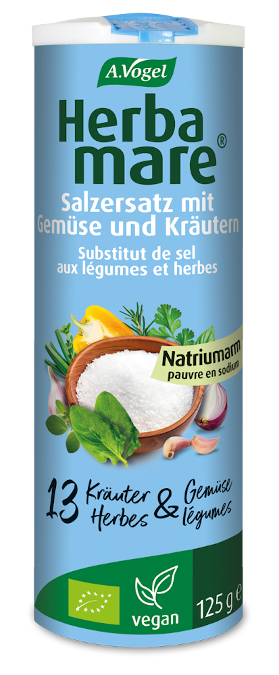 Produktaufnahme von "Herbamare ® Salzersatz". Natriumarmer Salzersatz mit Kaliumchlorid und 13 erntefrischen Bio-Kräutern und Gemüsen. Für eine natriumarme Ernährung geeignet.