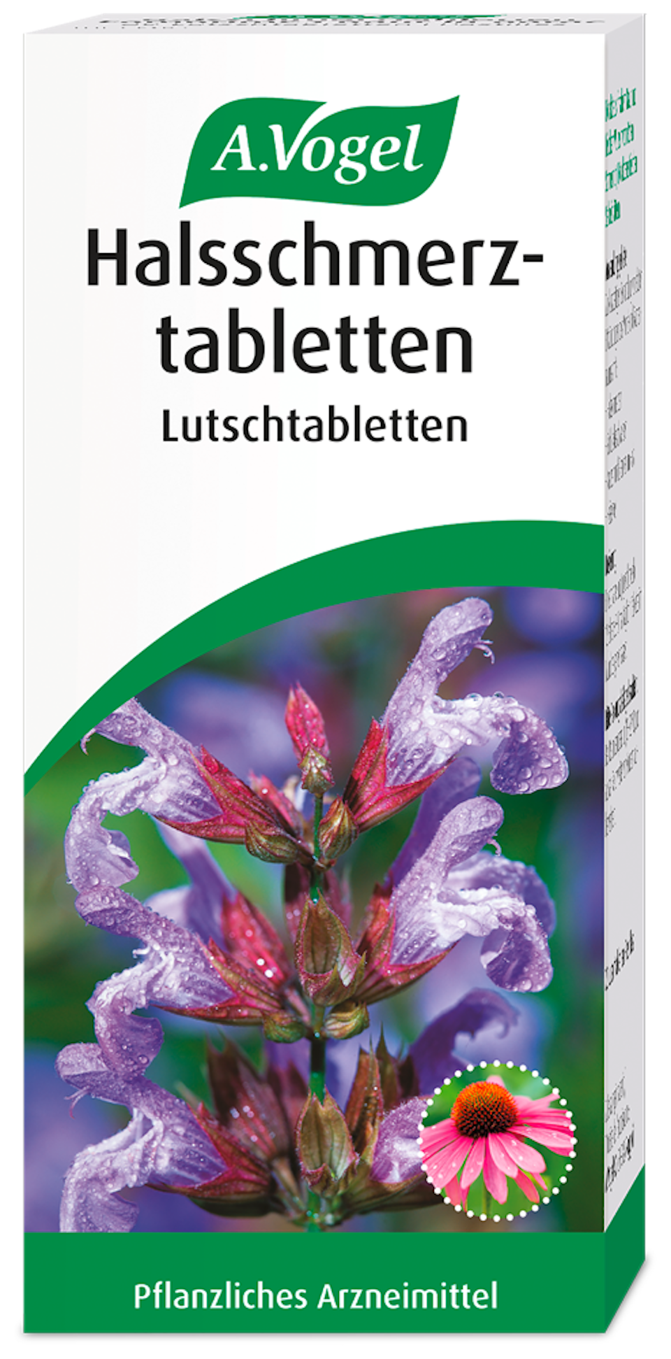 Produktaufnahme von "A.Vogel Halsschmerztabletten, Lutschtabletten". Lutschtabletten mit frischem Sonnenhut und Salbei. Pflanzliches Arzneimittel bei Halsschmerzen und akuten Entzündungen im Mund- und Rachenraum.