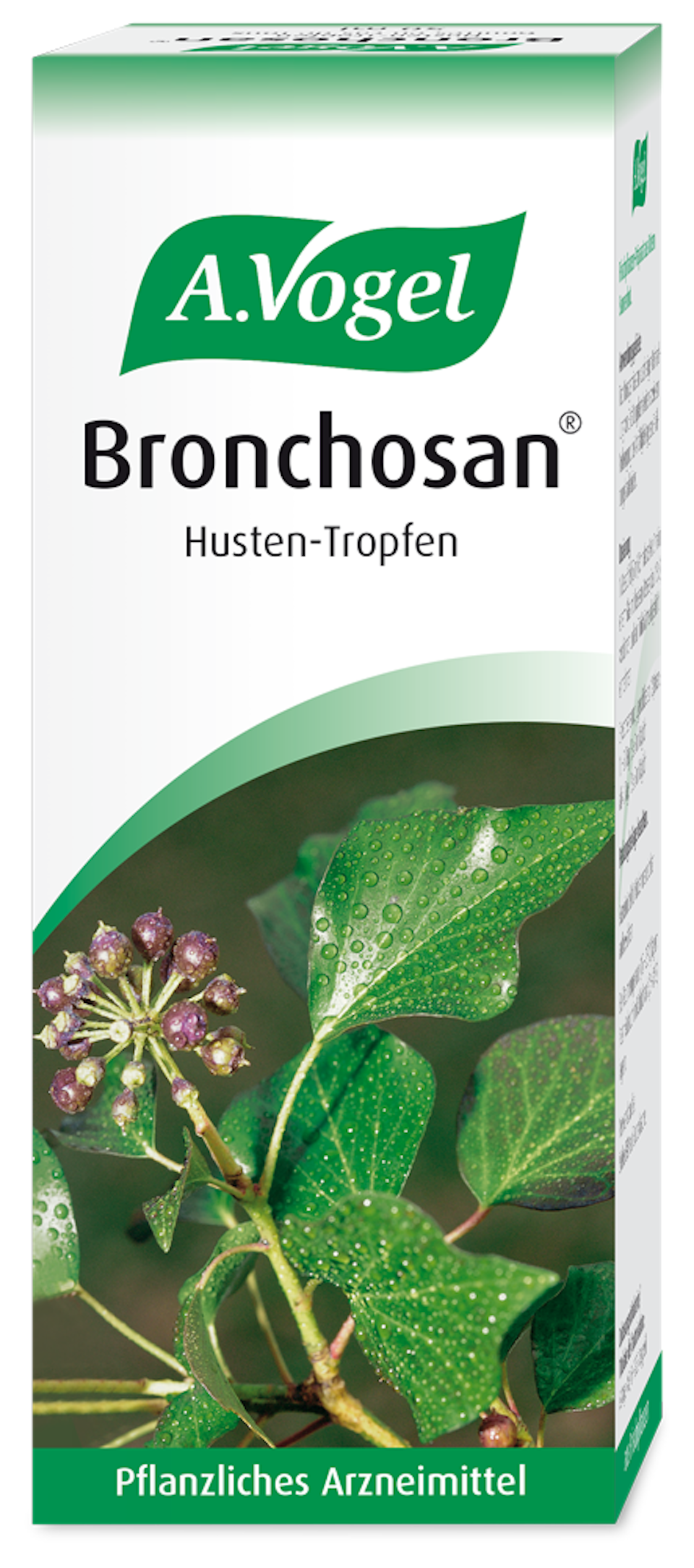 Produktaufnahme von "A.Vogel Bronchosan® Husten-Tropfen". Pflanzliches Arzneimittel aus Efeukraut, Thymian und Süssholz. Kann bei Erkältungshusten mit zähem Schleim und grippaler Infektion angewendet werden.