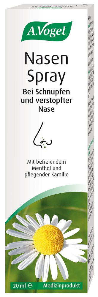A.Vogel Nasen-Spray Produktaufnahme von "A.Vogel Nasen-Spray". Medizinprodukt bei Erkältungsschnupfen – stoppt das Laufen der Nase und befreit die Atemwege. Mit Menthol und Kamille, ohne Konservierungsmittel.