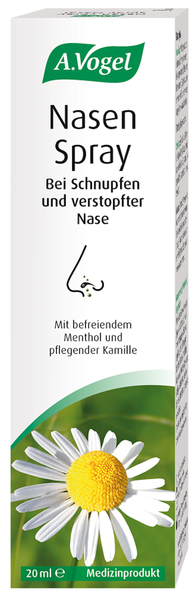 Produktaufnahme von "A.Vogel Nasen-Spray". Medizinprodukt bei Erkältungsschnupfen – stoppt das Laufen der Nase und befreit die Atemwege. Mit Menthol und Kamille, ohne Konservierungsmittel.