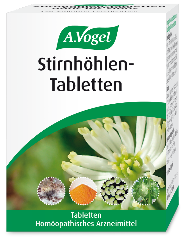 A.Vogel Stirnhöhlen-Tabletten Produktaufnahme von "A.Vogel Stirnhöhlen-Tabletten". Homöopathische Tabletten bei Nasennebenhöhlenentzündungen mit Stockschnupfen und zäher Verschleimung. Lindern Druckschmerzen – auch für Kinder ab 2 Jahren.