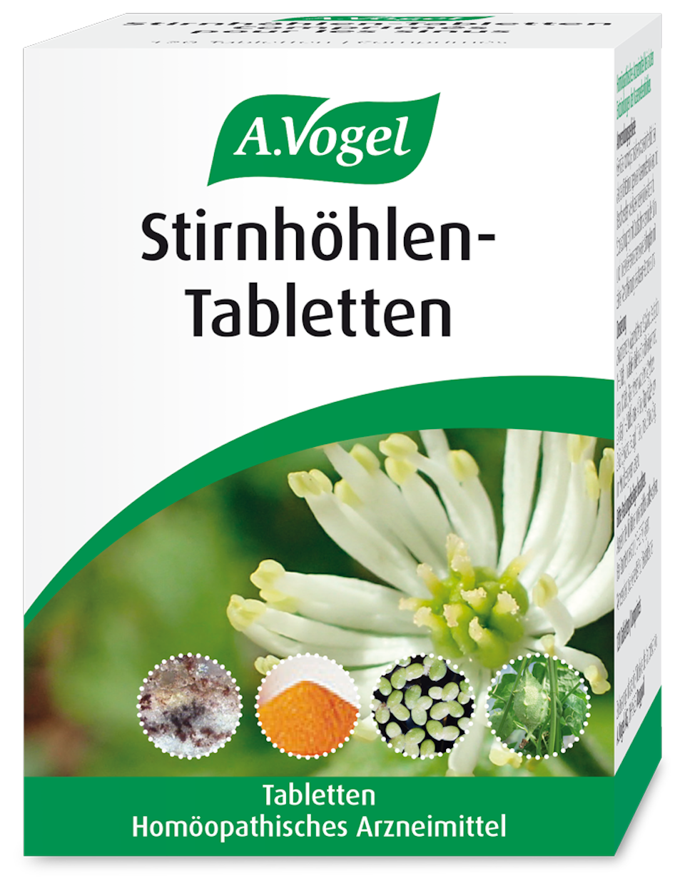 Produktaufnahme von "A.Vogel Stirnhöhlen-Tabletten". Homöopathische Tabletten bei Nasennebenhöhlenentzündungen mit Stockschnupfen und zäher Verschleimung. Lindern Druckschmerzen – auch für Kinder ab 2 Jahren.