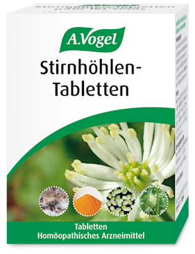 A.Vogel Stirnhöhlen-Tabletten Produktaufnahme von "A.Vogel Stirnhöhlen-Tabletten". Homöopathische Tabletten bei Nasennebenhöhlenentzündungen mit Stockschnupfen und zäher Verschleimung. Lindern Druckschmerzen – auch für Kinder ab 2 Jahren.