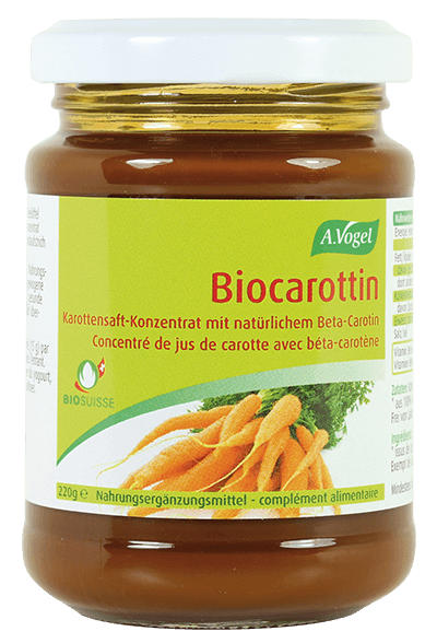 A.Vogel Biocarottin Konzentrat Produktaufnahme von "A.Vogel Biocarottin Konzentrat". Karottensaft-Konzentrat aus kontrolliert biologischem Anbau, reich an natürlichem Beta-Carotin. Vitamin A trägt zur Erhaltung normaler Haut und Sehkraft bei.
