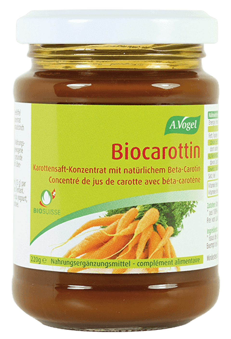 Produktaufnahme von "A.Vogel Biocarottin Konzentrat". Karottensaft-Konzentrat aus kontrolliert biologischem Anbau, reich an natürlichem Beta-Carotin. Vitamin A trägt zur Erhaltung normaler Haut und Sehkraft bei.