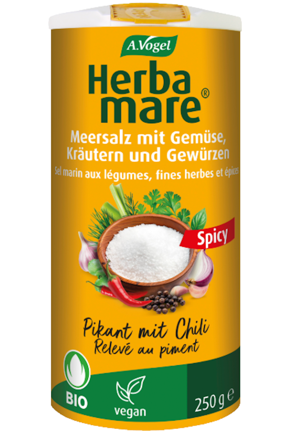 Produktaufnahme von "A.Vogel Herbamare ® Spicy". Pikantes Meersalz mit 15 erntefrischen Bio-Kräutern, Gemüse und Chili aus kontrolliert biologischem Anbau. Für alle, die es gerne scharf mögen.