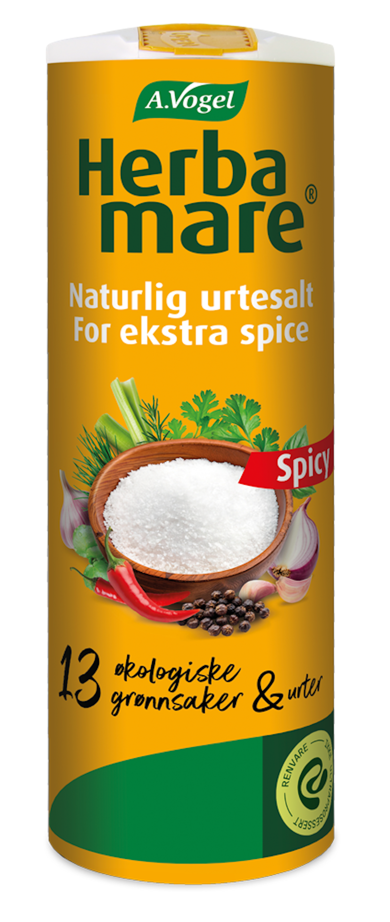 Produktaufnahme von "A.Vogel Herbamare ® Spicy". Pikantes Meersalz mit 15 erntefrischen Bio-Kräutern, Gemüse und Chili aus kontrolliert biologischem Anbau. Für alle, die es gerne scharf mögen.