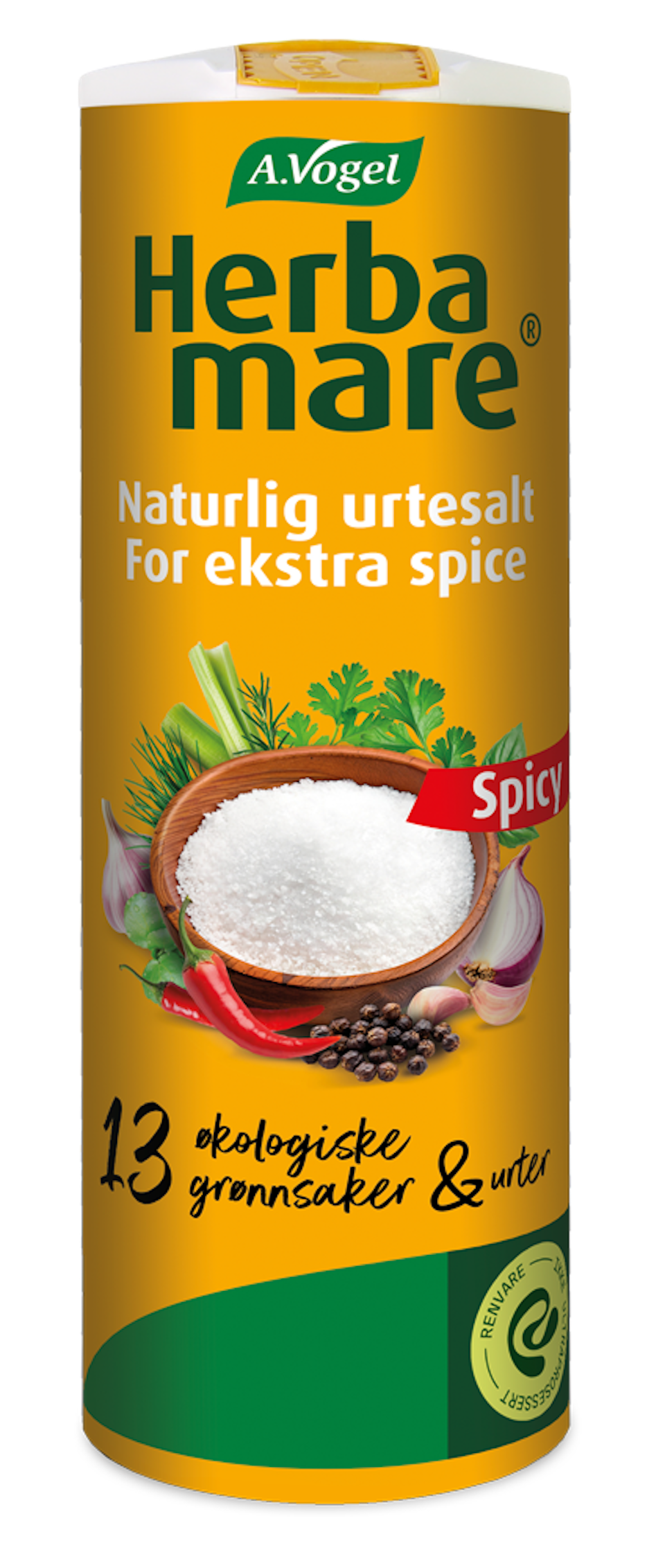 Produktaufnahme von "A.Vogel Herbamare ® Spicy". Pikantes Meersalz mit 15 erntefrischen Bio-Kräutern, Gemüse und Chili aus kontrolliert biologischem Anbau. Für alle, die es gerne scharf mögen.