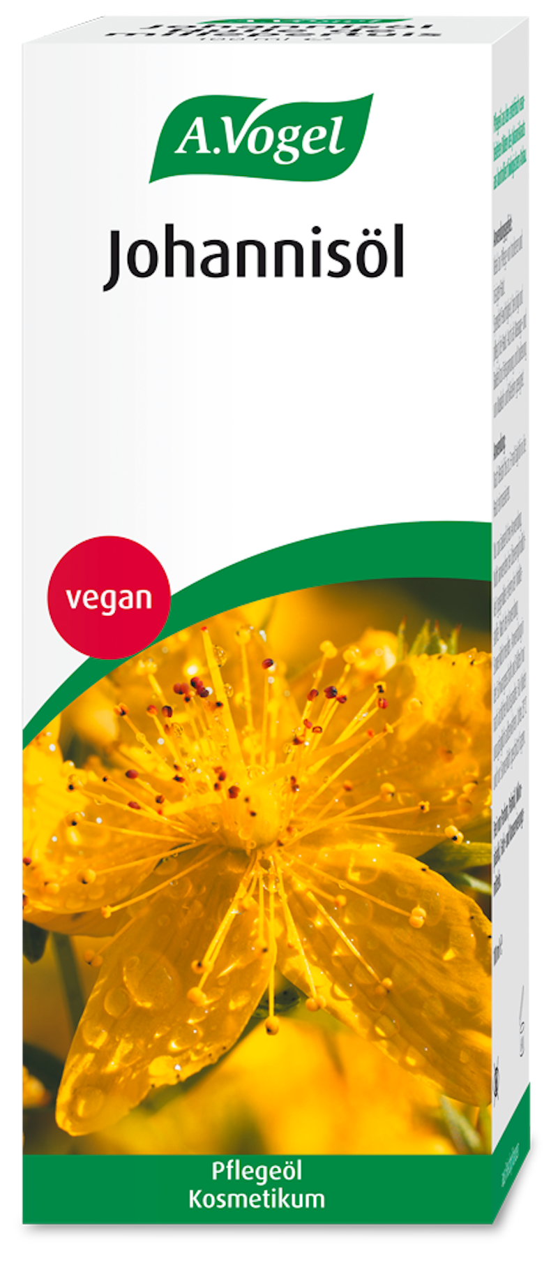 Produktaufnahme von "A.Vogel Johannisöl". Bio-Pflegeöl aus frischen Johanniskrautblüten für trockene und rissige Haut. Spendet Feuchtigkeit und eignet sich auch als Massage- und Badeöl zur Entspannung.
