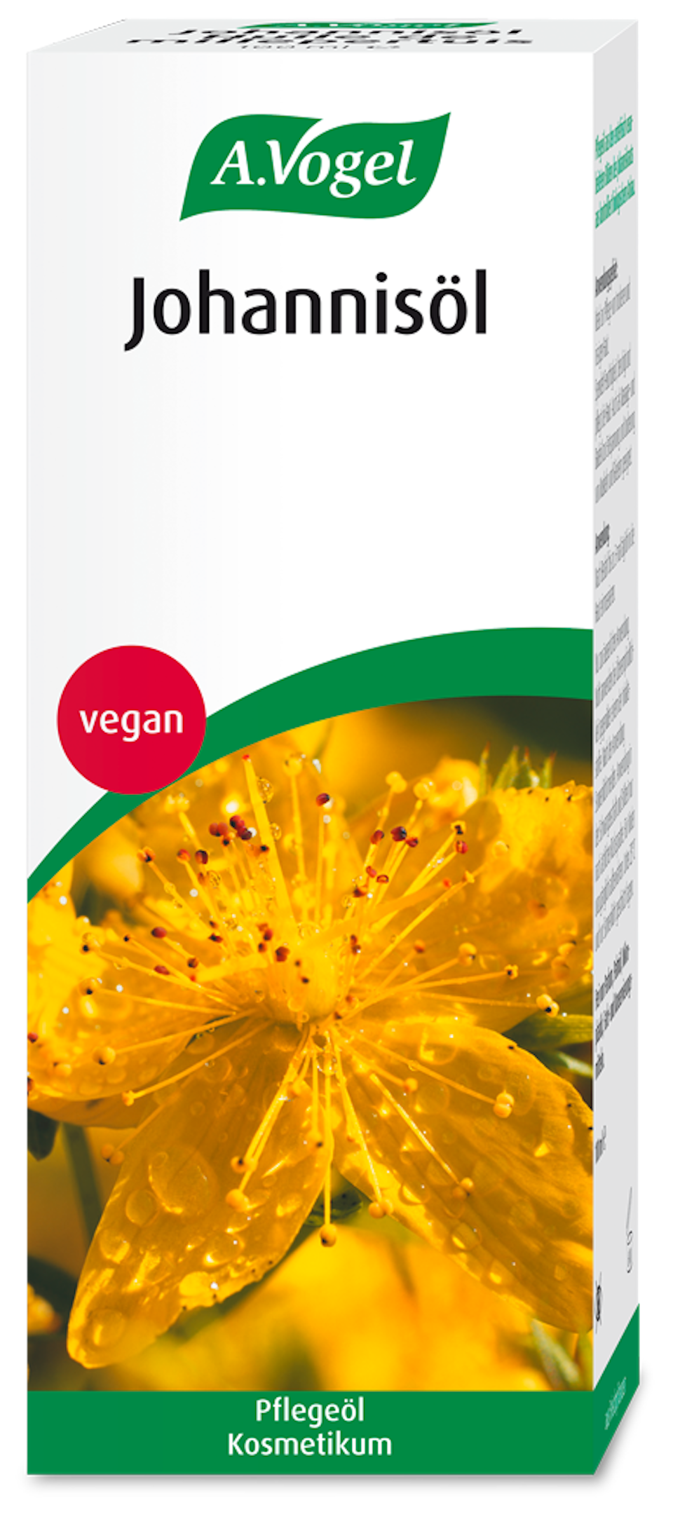 Produktaufnahme von "A.Vogel Johannisöl". Bio-Pflegeöl aus frischen Johanniskrautblüten für trockene und rissige Haut. Spendet Feuchtigkeit und eignet sich auch als Massage- und Badeöl zur Entspannung.