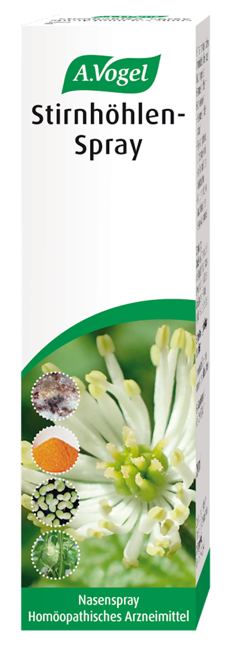 Produktaufnahme von "A.Vogel Stirnhöhlen-Spray". Homöopathisches Arzneimittel bei akuten Nasennebenhöhlenentzündungen mit Stockschnupfen und Druckschmerzen in Stirn und Kiefer. Auch für Kinder ab 2 Jahren.