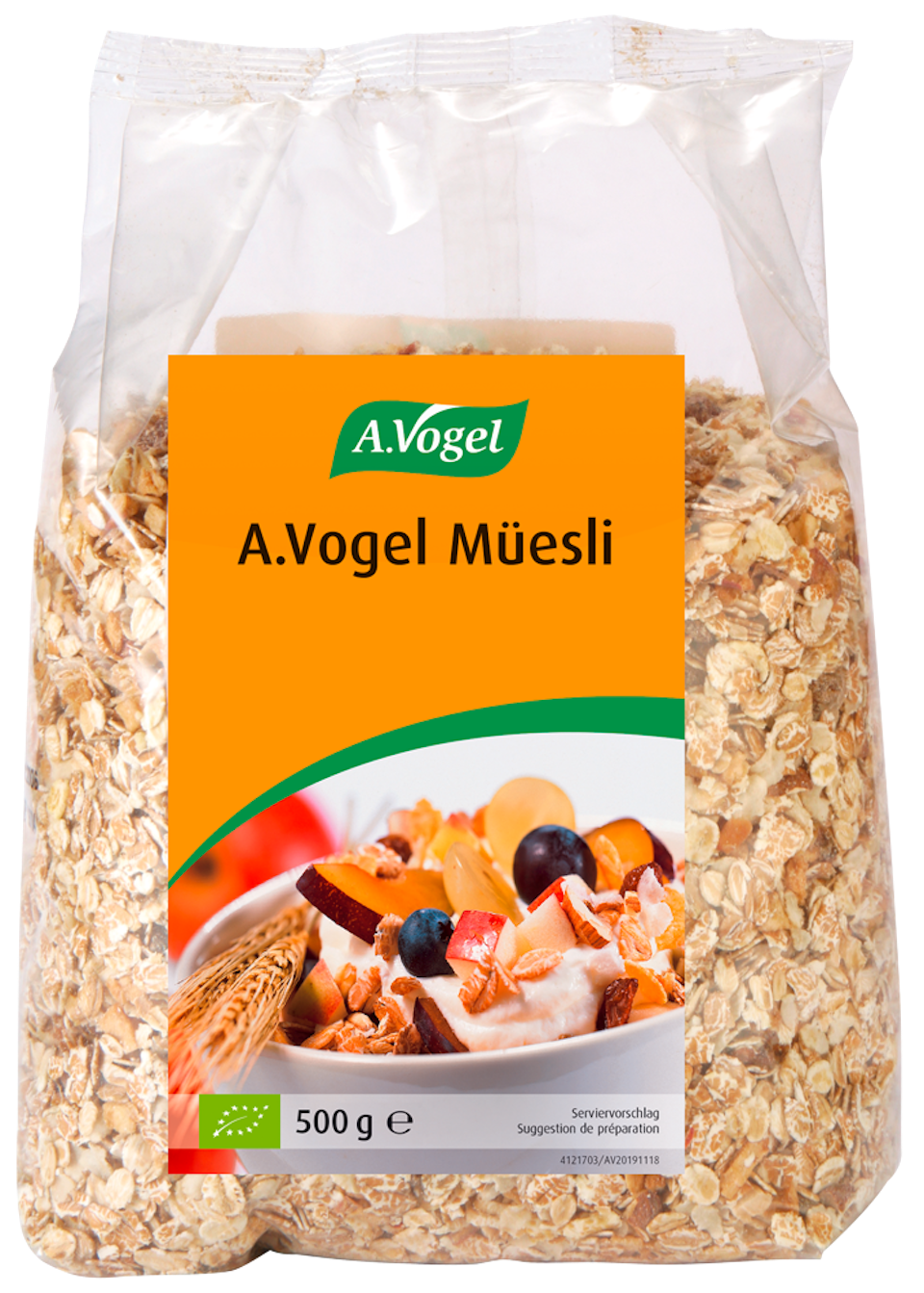 Produktaufnahme von "A.Vogel Müesli". Bio-Vollwertmüesli mit gerösteten Reisflocken, Rosinen und Apfelstücken. Ohne Kristallzucker, natürlich gesüsst – liefert Energie für die Leistungen des Tages.
