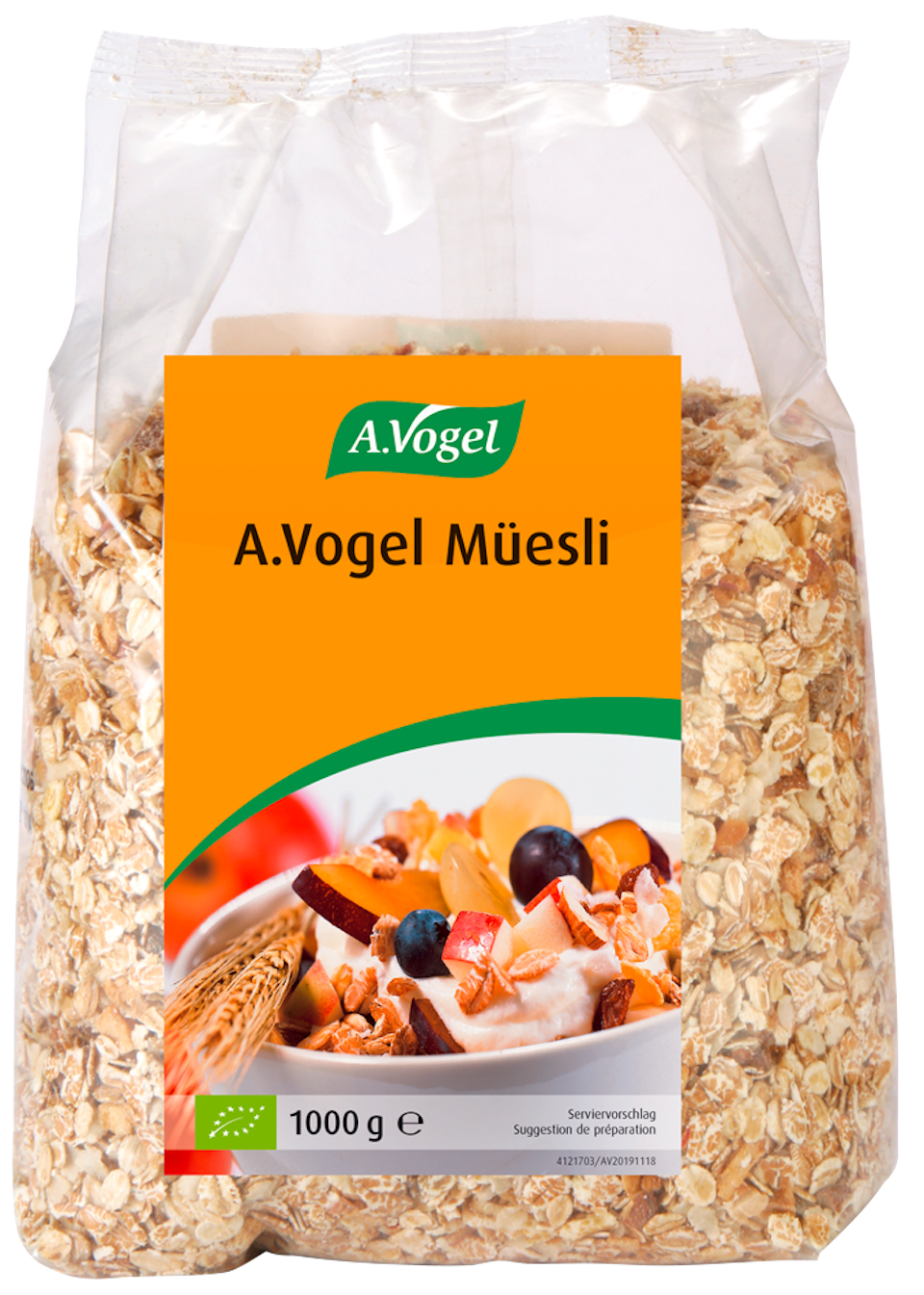 Produktaufnahme von "A.Vogel Müesli". Bio-Vollwertmüesli mit gerösteten Reisflocken, Rosinen und Apfelstücken. Ohne Kristallzucker, natürlich gesüsst – liefert Energie für die Leistungen des Tages.