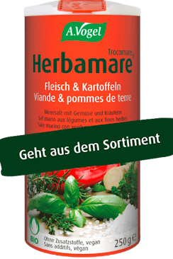 Herbamare® Trocomare Produktaufnahme von "A.Vogel Herbamare® Trocomare". Meersalz mit 14 Bio-Kräutern, Gemüse, Meerrettich und der jodhaltigen Meeresalge Kelp. Ideal für Fleisch und Kartoffeln.