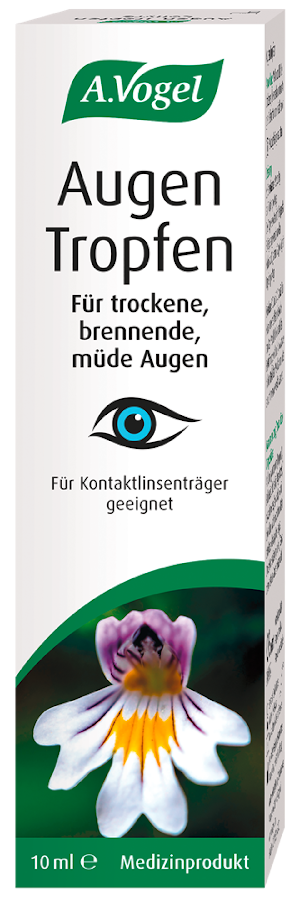Produktaufnahme von "A.Vogel Augen-Tropfen". Medizinprodukt bei trockenen, brennenden, müden Augen. Sorgt für eine schnelle und nachhaltige Befeuchtung. Auch für Kontaktlinsenträger geeignet.