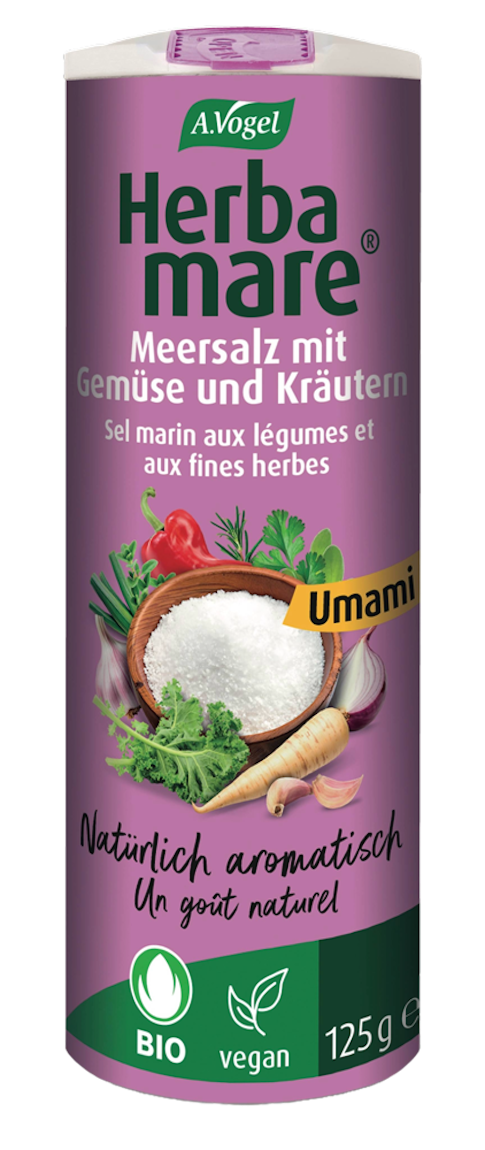 Produktaufnahme von "A.Vogel Herbamare® Umami ". Aromatisches Meersalz mit 12 erntefrischen Bio-Kräutern und Gemüse aus der Camargue. Ideal für Grillgerichte, asiatische Küche und vegane Speisen.
