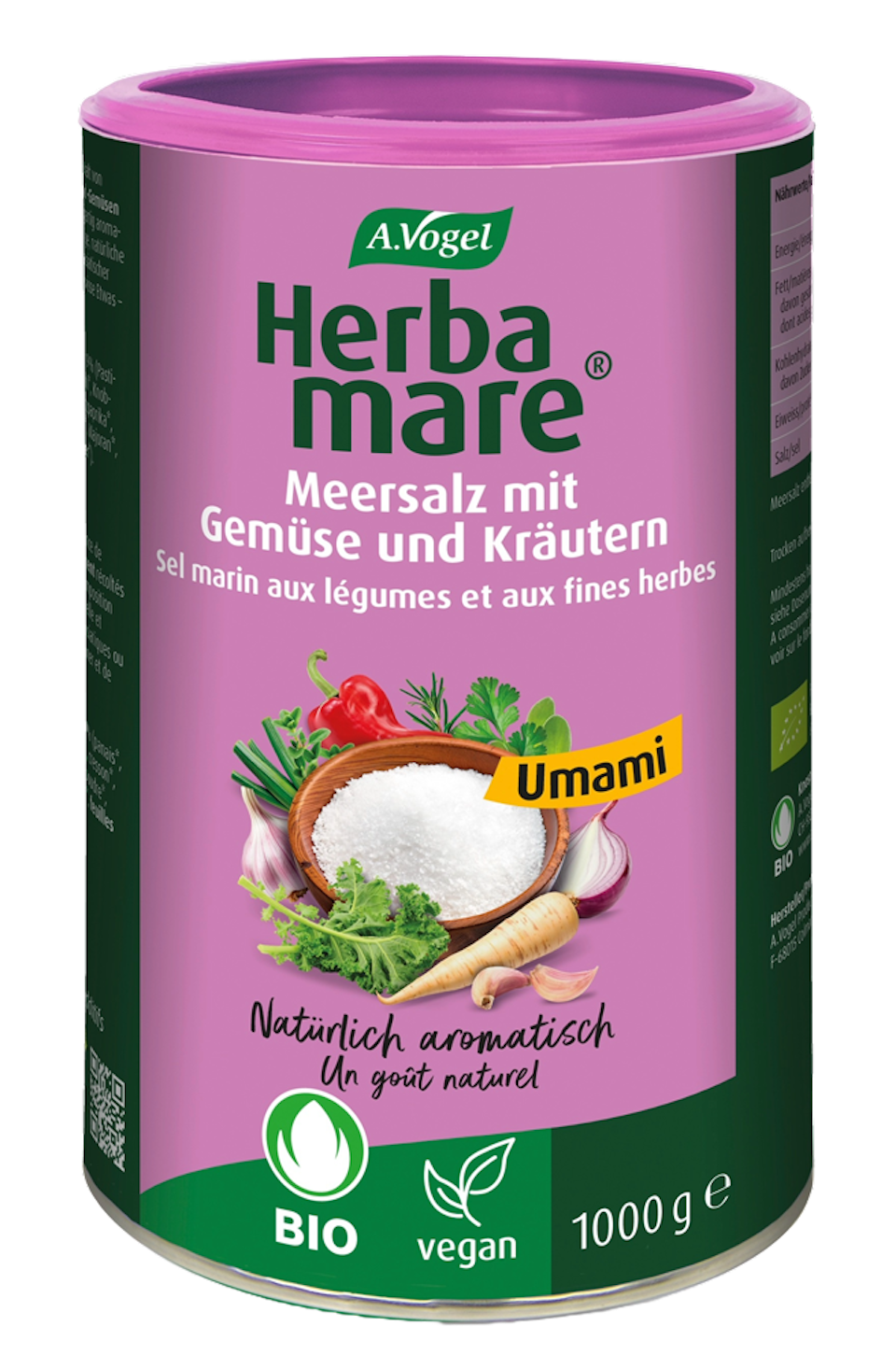 Produktaufnahme von "A.Vogel Herbamare® Umami ". Aromatisches Meersalz mit 12 erntefrischen Bio-Kräutern und Gemüse aus der Camargue. Ideal für Grillgerichte, asiatische Küche und vegane Speisen.
