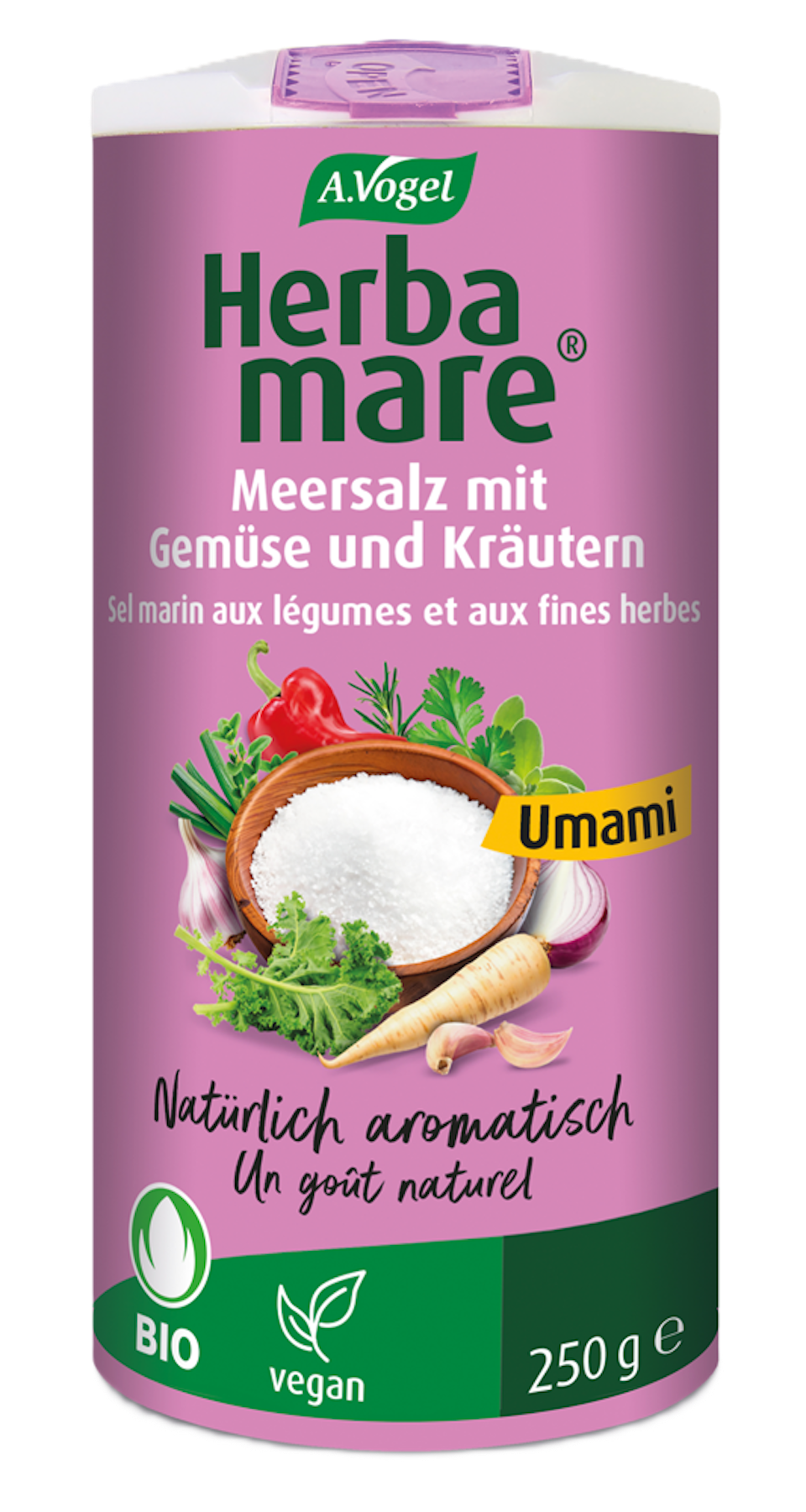 Produktaufnahme von "A.Vogel Herbamare® Umami ". Aromatisches Meersalz mit 12 erntefrischen Bio-Kräutern und Gemüse aus der Camargue. Ideal für Grillgerichte, asiatische Küche und vegane Speisen.