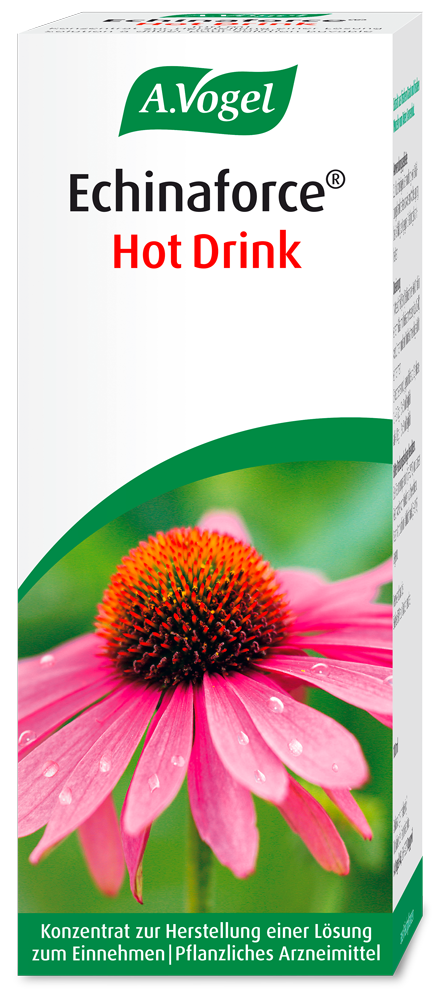 Echinaforce® Hot Drink, Konzentrat Produktaufnahme von "A.Vogel Echinaforce® Hot Drink, Konzentrat". Pflanzliches Arzneimittel aus frischem Rotem Sonnenhut. Zur kurzfristigen Behandlung von Erkältungskrankheiten und Unterstützung des Heilungsprozesses.